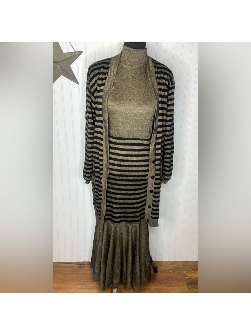Black and Tan Maxi Skirt with Cardigan and Sleeveless Turtle Neck Size Small